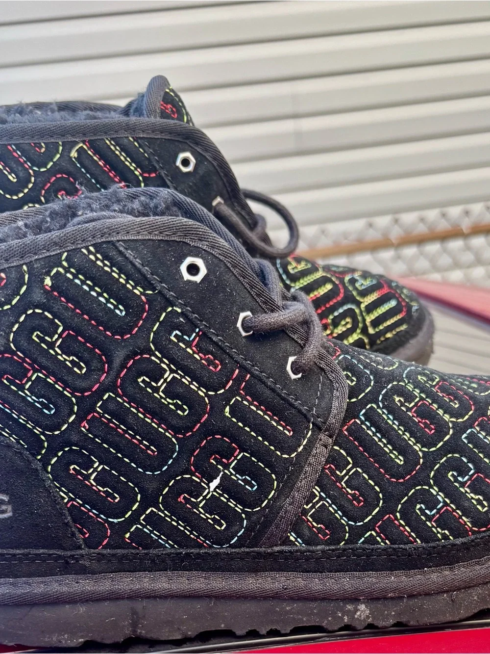 UGG Kids Black Slippers with Multicolor Stitching